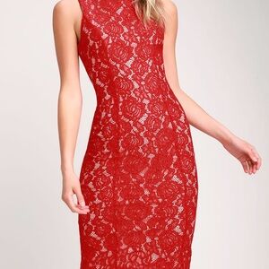 Lulus NEW Corita Red Lace Overlay Tan Underlining‎ Sleeveless  Dress Size Small